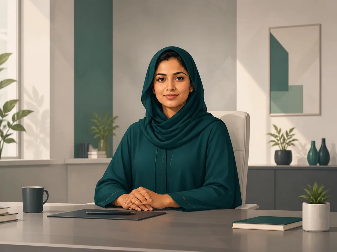 Illustrated portrait of Miss Muskan in an abaya, seated at an office table